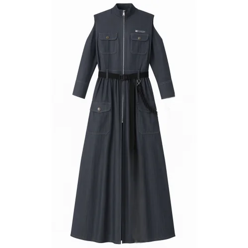 Denim Maxi Dress With Front Zipper & Utility Detail