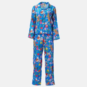 Satin Long Sleeve Nightgown Florus Pattern Top And Bottom Set