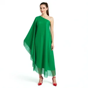 Green Fringe Off Shoulder Summer Glam Maxi Dress