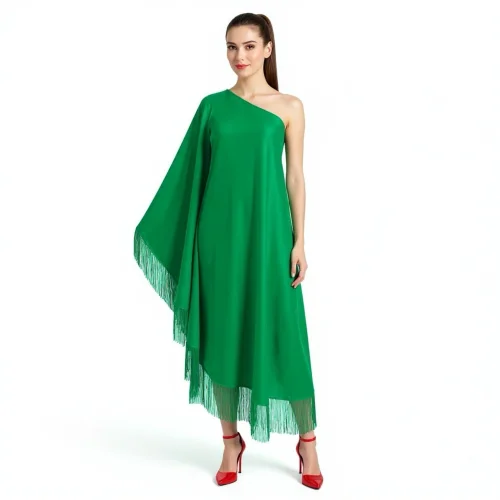 Green Fringe Off Shoulder Summer Glam Maxi Dress