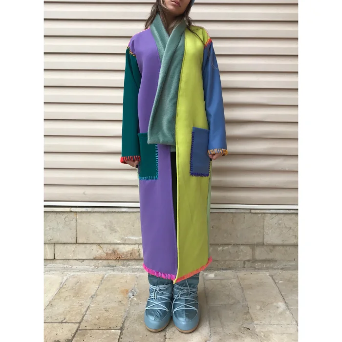 Colorful Embroidered Patchwork Wool-blend Coat - Unisex Oversized - 2