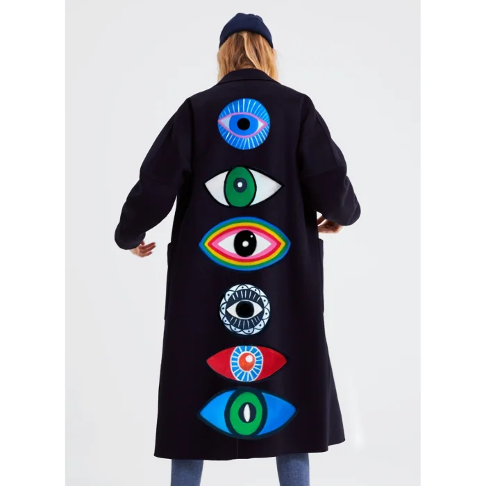 Black Wool-blend Coat - Evil Eye & Colorful Eyes, Unisex Oversized - 1