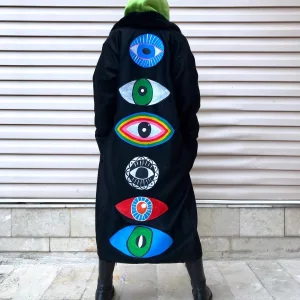 Black Wool-blend Coat - Evil Eye & Colorful Eyes, Unisex Oversized - 2