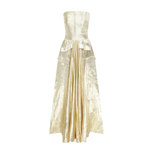 Gold Strapless Maxi Invitation Dress With Pocket Detail