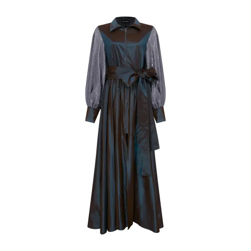Silk Taffeta Shirt Dress With Front Zipper & Glittery Jacquard Balloon Sleeve Detail