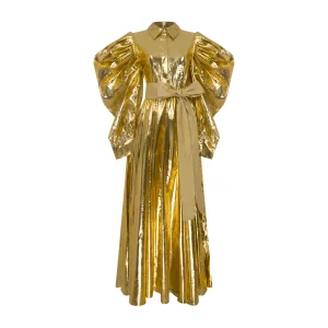 Shiny Gold Transparent Invitation Dress With Balloon Sleeves & Full Circle Skirt