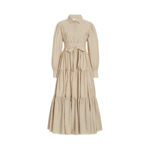 Beige Poplin Maxi Shirt Dress With Ruffle Detail