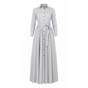 Thin Soft Grey Taffeta Maxi Shirt Dress With Stoned Buttons And Belt At The Front