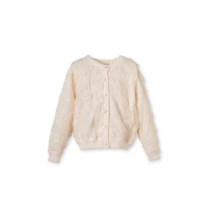 Ecru Organic Cotton Flower Detail Knitted Cardigan For Girls