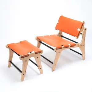 Wooden Leather Armchair And Ottoman