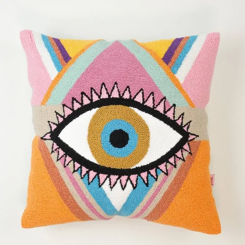 Mystic Eye - Boho Nazar Desenli Kırlent Kılıfı | El Yapımı Punch Needle Dekoratif Yastık