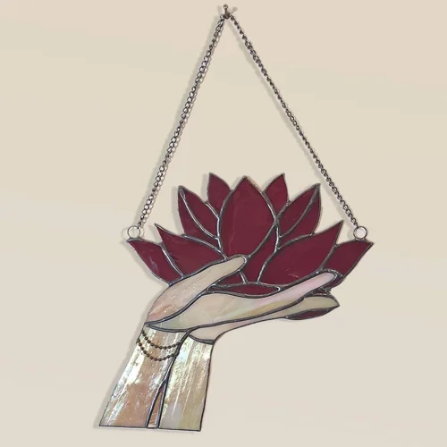 Vitray Kırmızı Lotus El  Dekoratif Obje