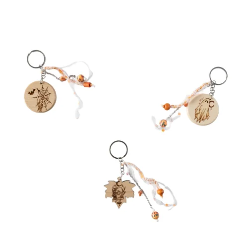 Women's Handmade Wooden Keychains - Double-sided, Halloween Concept (set Of 3)