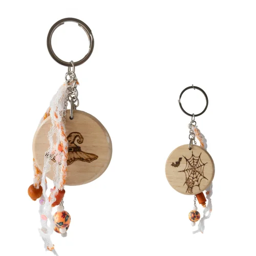 Women's Handmade Wooden Keychains - Double-sided, Halloween Concept (set Of 2)