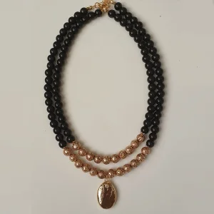 Black Onyx And Gold Lava Stone Layered Necklace