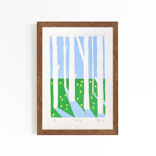Spring Limba Wood Framed Linocut Print