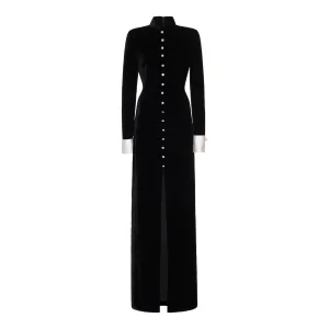 Black Long Sleeve Velvet Dress With Decorative Button Detail