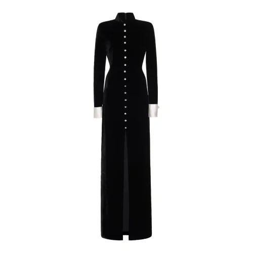 Black Long Sleeve Velvet Dress With Decorative Button Detail
