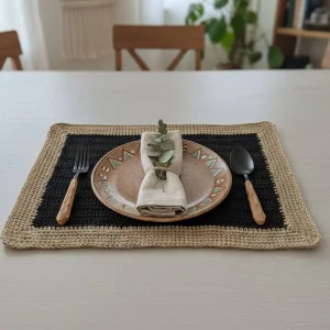 Handmade Raffia Placemat: Black & Natural Woven Boho Table Decor
