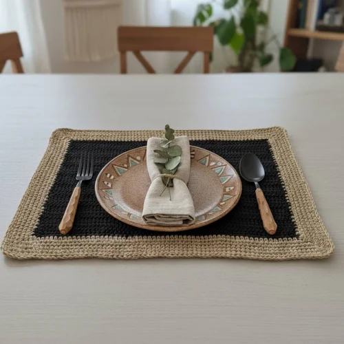 Handmade Raffia Placemat: Black & Natural Woven Boho Table Decor