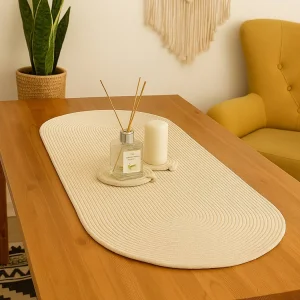 Handmade Cream Cotton Woven Table Runner: Boho Oval Coffee Table Decor
