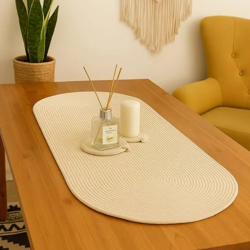 Handmade Cream Cotton Woven Table Runner: Boho Oval Coffee Table Decor