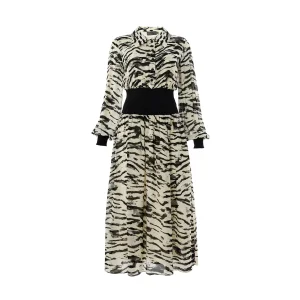Zebra Patterned Waist Ribbed Regular Lined Midi Bone Dress