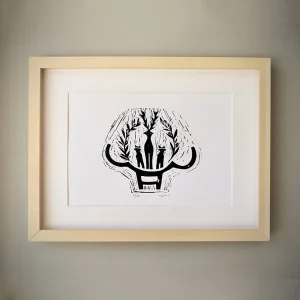Capital In Olive // Framed Original Linocut Print