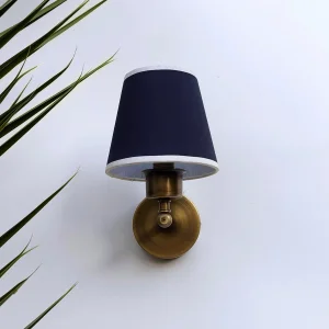 Handcrafted Vintage Gold Wall Sconce - Navy Fabric Shade With White Piping Mini Glow