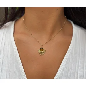 18ct Gold Plated Feather Pendant Necklace - Tiger's Eye