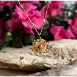 18ct Gold Plated Sun Pendant Necklace - Rhodochrosite