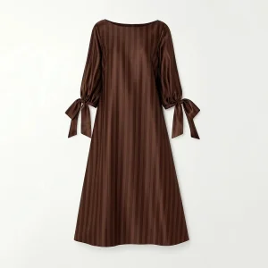 Brown Striped Satin Oversize Midi Dress With Armhole Tie Detail
