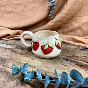 Handmade Strawberry Detailed Ceramic Cup - 200 Ml