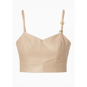 Beige Faux Leather Crop Top With Straps