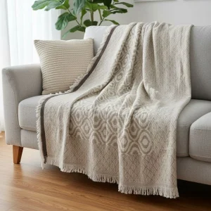 100% Cotton Brown Beige Ikat Throw Blanket Cover (140x180)
