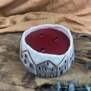 Ceramic Candle Holder With House Pattern - Sgraffito Technique & Bamboo Sticks