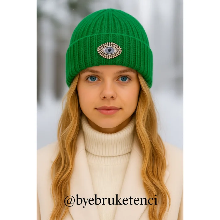 Green Woollü Beanie Crystal Bead Eye Detailed Hat Holiday/christmas Gift - 3