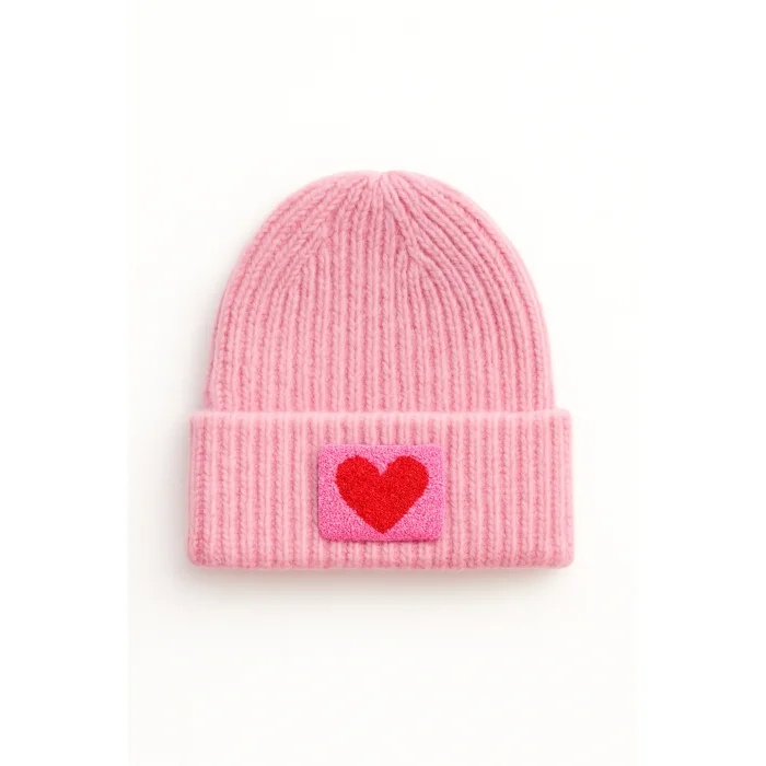 Pink Wool Beanie Pink Red Heart Punch-embroidery Detailed Sevgililer Günü Gift image 2
