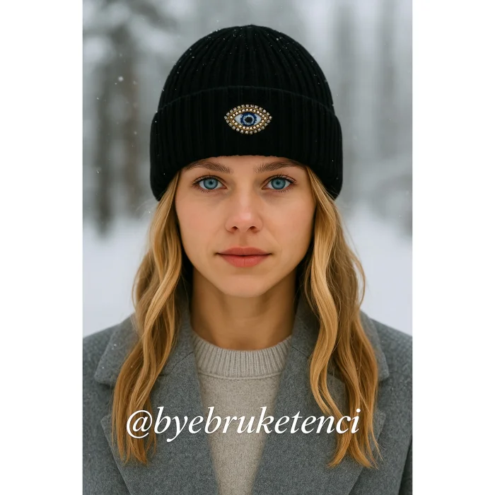 Black Woollü Eye Beanie Crystal Bead Detailed Luxury Hat - 2