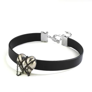 Love Silver Heart In Chains On Leather Choker