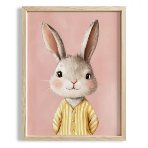 Sleepy Cute Rabbit In Pajamas - Pink Background Natural Wood Framed Print
