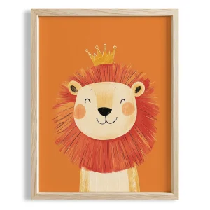 King Of The Jungle Lion - Orange Background Natural Wood Framed Print