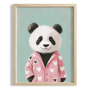 Sleepy Panda In Pajamas - Blue Background Natural Wood Framed Print