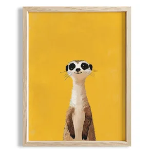 Curious Meerkat - Yellow Background Natural Wood Framed Print