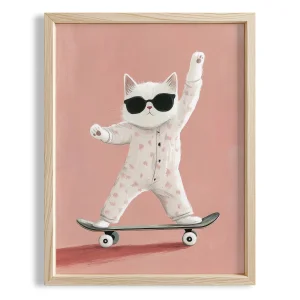 Skateboarding Cat In Pajamas - Pink Background Natural Wood Framed Print