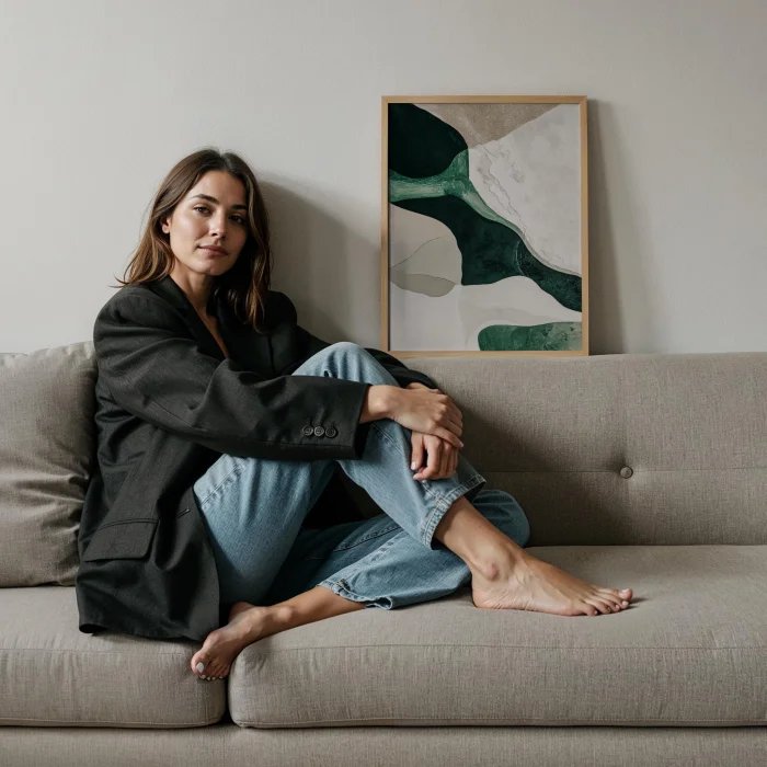 Japandi Yeşil Beyaz Şekiller Wood-framed Art Print image 3