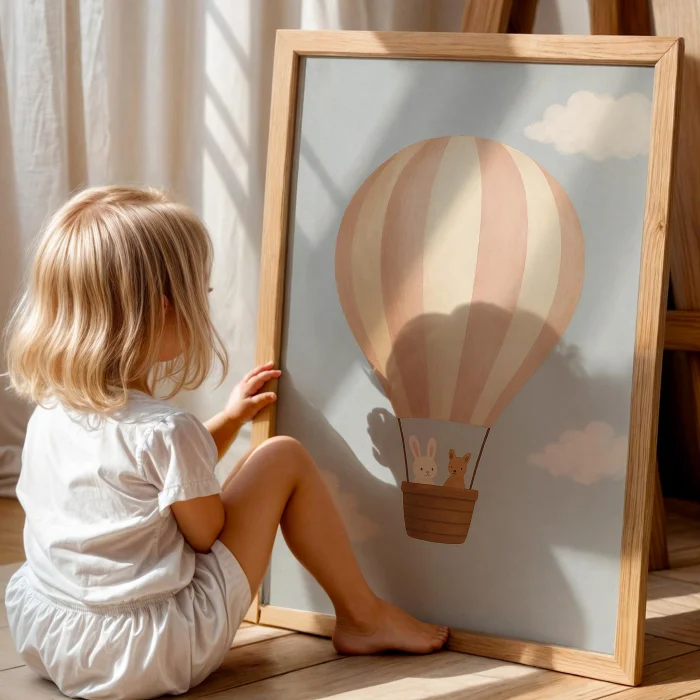 Cute Rabbit Ve Teddy Bear Balonda Kids' Room Wooden Wall Art image 2