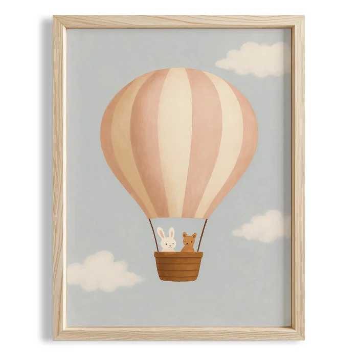 Cute Rabbit Ve Teddy Bear Balonda Kids' Room Wooden Wall Art image 1