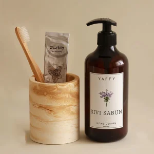 Mermer Desenli Diş Fırçalık & Amber Sıvı Sabunluk