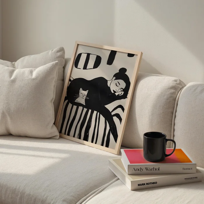 Monochrome Duo I - Siesta With Cat Wooden Framed Print image 3